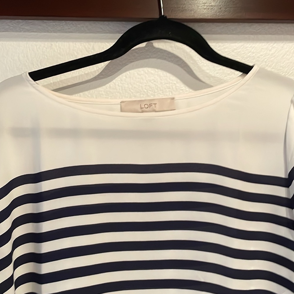 Loft Nautical Stripe Wide Neck Blouse, Navy, Size L - Picture 2 of 10